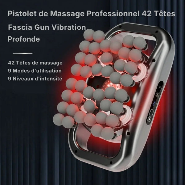Professional massage gun with 42 nozzles on a dark background