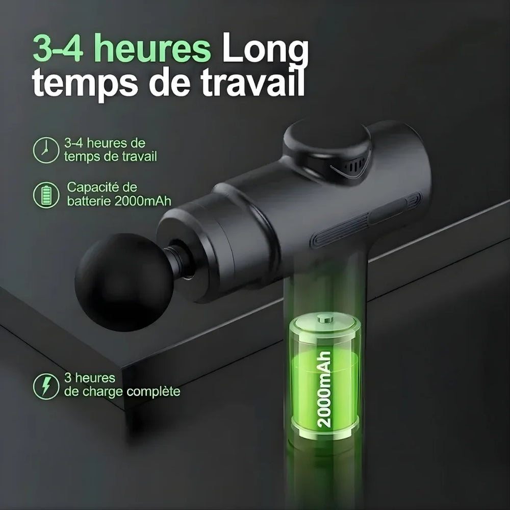 Professional massage gun with attachments on a dark background