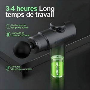Massage gun with battery display on a dark background, featuring text in French about working hours and battery capacity.